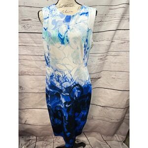 Calvin Klein Womens Floral Watercolor Sheath Dress Blue White Sleeveless 14